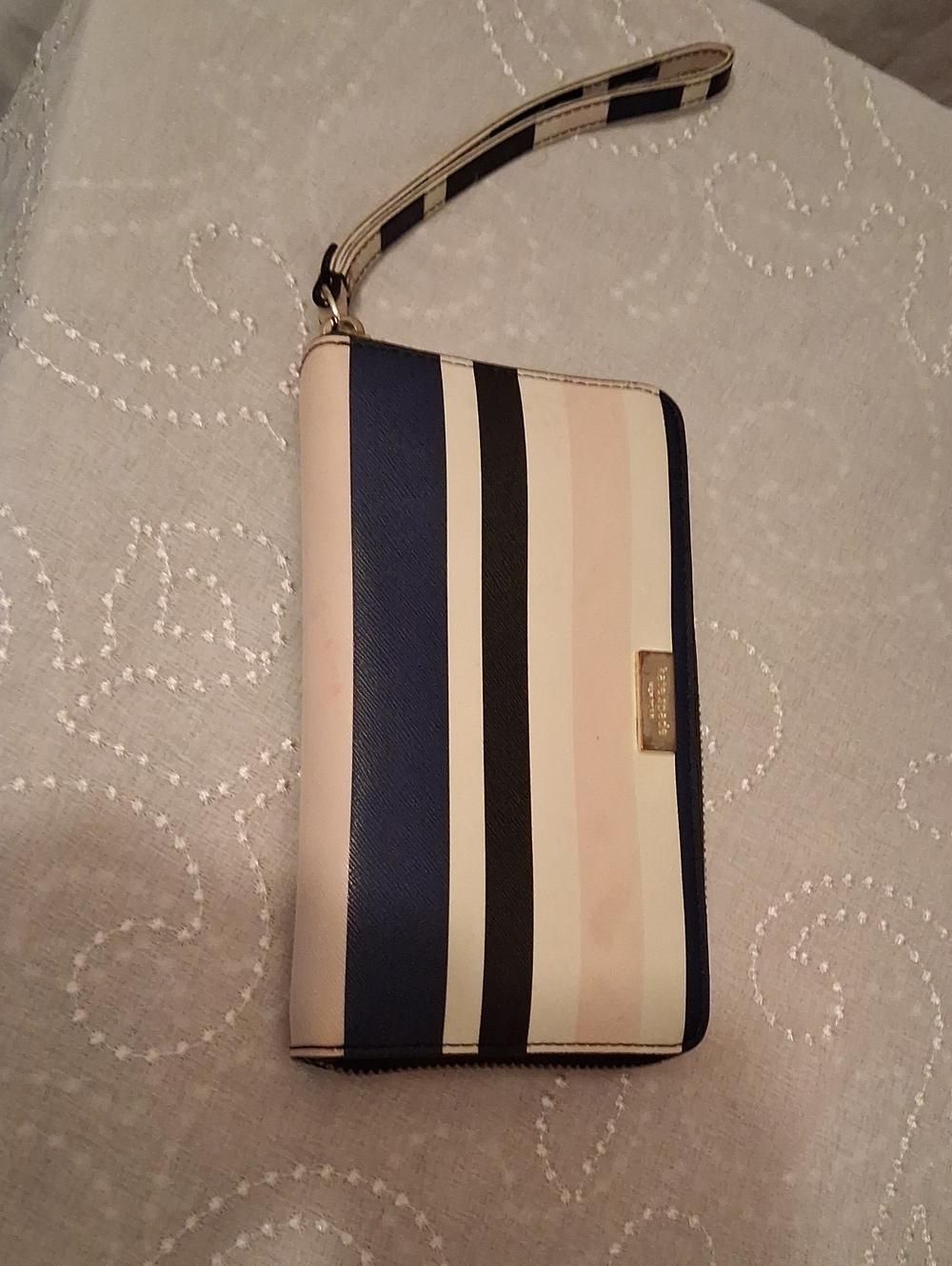 kate spade Striped Saffron Leather Wristlet in Navy, Black and Blush